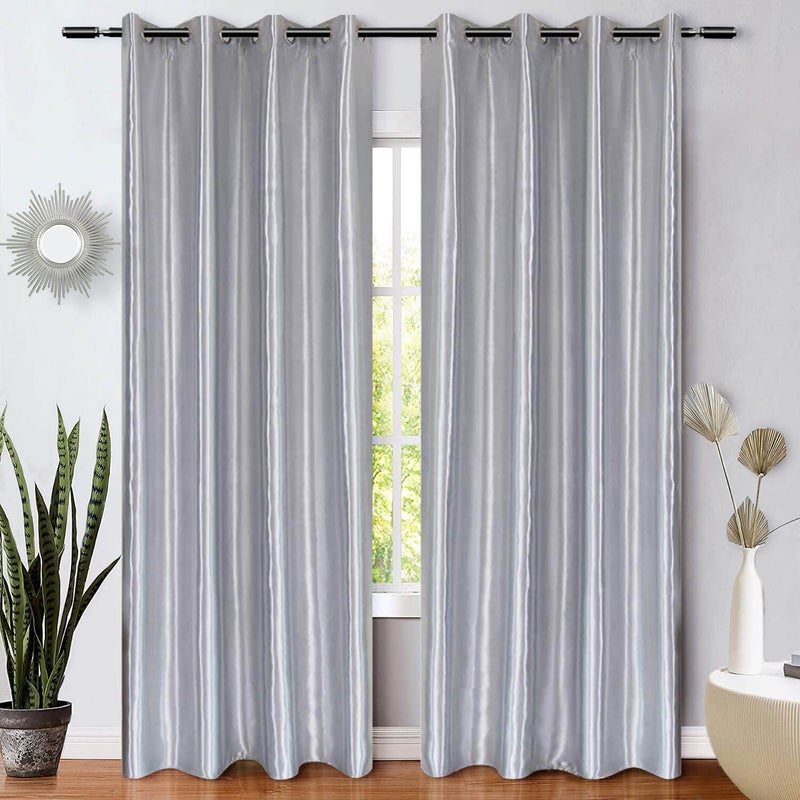 WUBODTI Silver Grey Curtains for Living Room 84 Inch Length 2 Panels, Sparkle Metallic Faux Silk Curtain Drapes Shiny Light Gray Satin Curtains Modern Grommets Light Filtering Curtain for Bedroom - Image 1